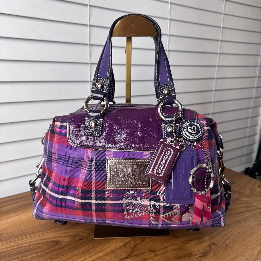 Coach Poppy Purple Tartan Plaid Satchel Limited Edition Hang Tags 15884 - Picture 2 of 16